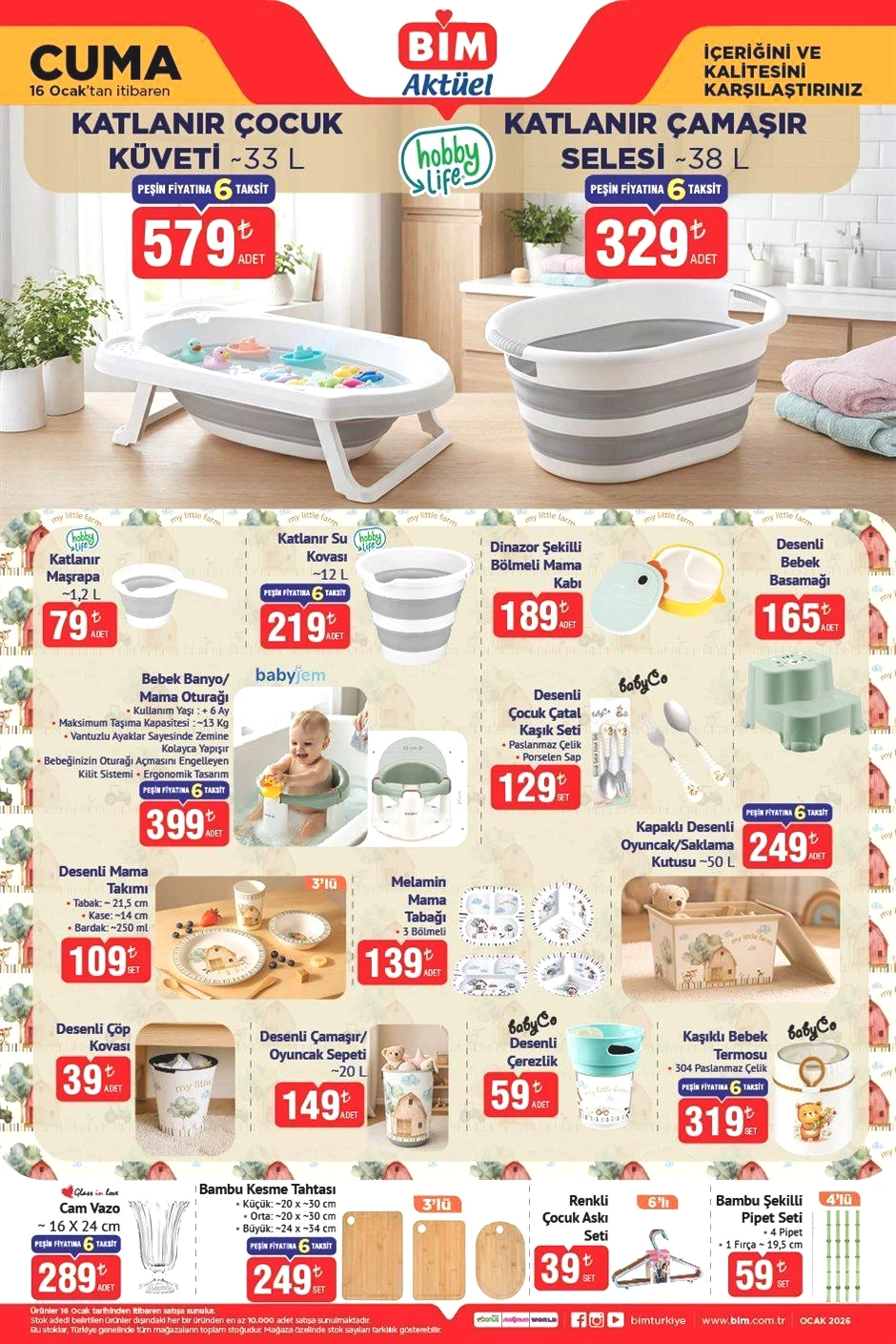 İNDİRİMLİ BİM AKTÜEL KATALOĞU (16 OCAK CUMA) BİM 16 Ocak Cuma aktüel kataloğunda hangi ürünler satışa çıkacak Katlanır Çocuk Küvet, Çamaşır Selesi, Desenli Mama Takımı, Bambu Kesme Tahtası...