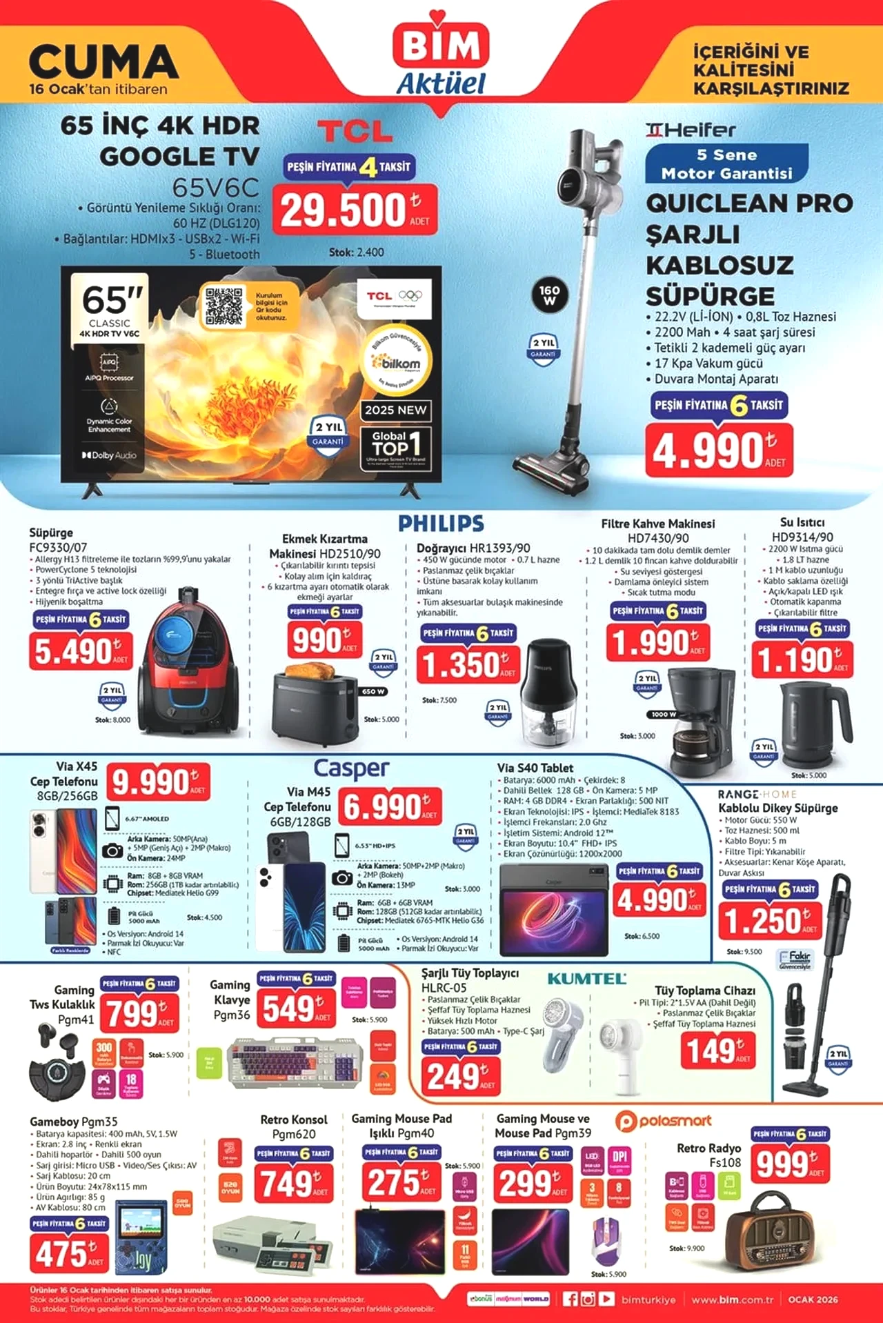 BİM 16-23 Ocak aktüel ürünler yeni kataloğu 2026! Akıllı cep telefonu, televizyon, fincan seti, spor giyim ürünleri geliyor