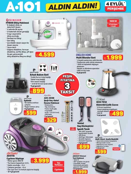 A101 4 EYLÜL AKTÜEL KATALOĞU - YENİ ÜRÜNLER RAFLARDA || A101 afişi bu Perşembe ürünler neler A101 broşürü ile ilk yardım kiti, elektrikli araç, nevresim seti satışta