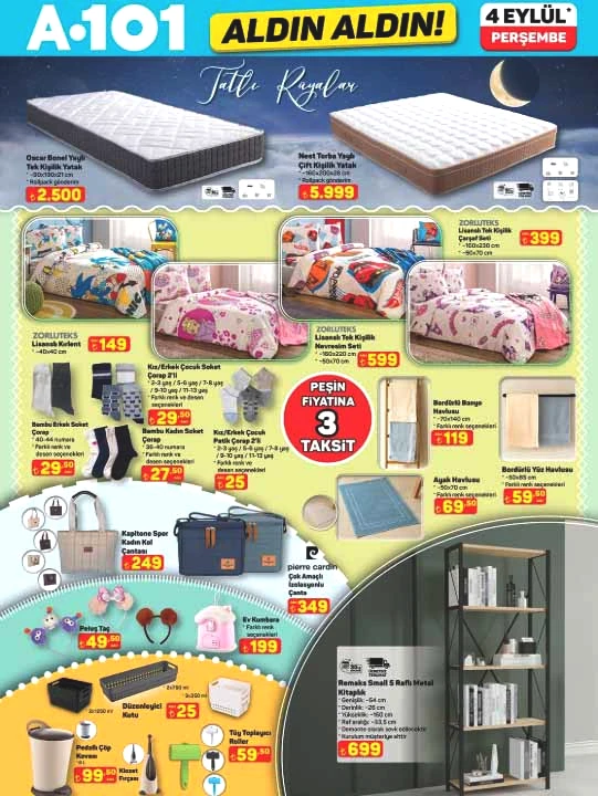 A101 4 EYLÜL AKTÜEL KATALOĞU - YENİ ÜRÜNLER RAFLARDA || A101 afişi bu Perşembe ürünler neler A101 broşürü ile ilk yardım kiti, elektrikli araç, nevresim seti satışta