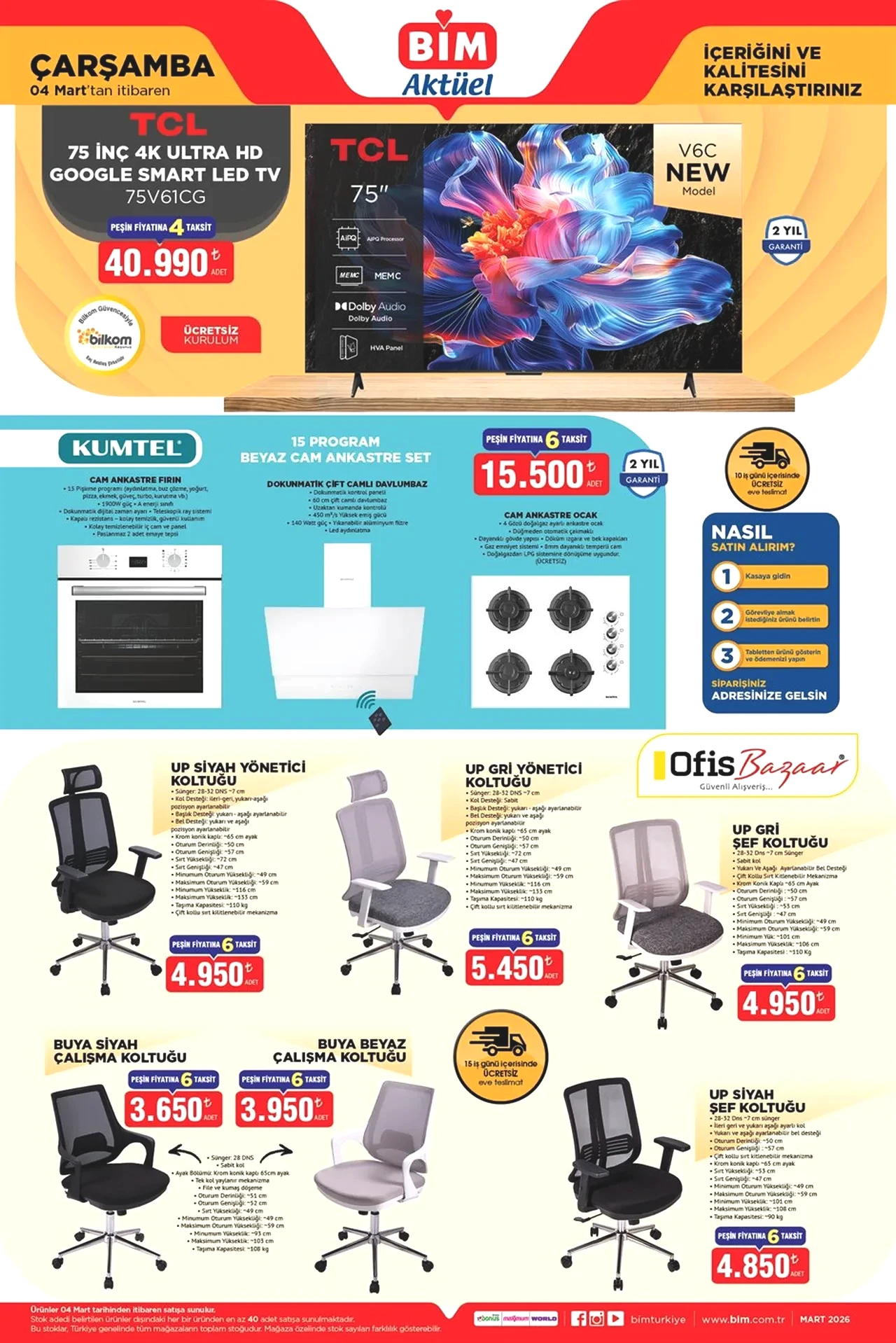 BİM 6-13 Mart aktüel ürünler kataloğu 2026 satışta! Cuma günü teknoloji ürünleri, ofis koltuğu, mutfak dolabı ve televizyon geliyor 