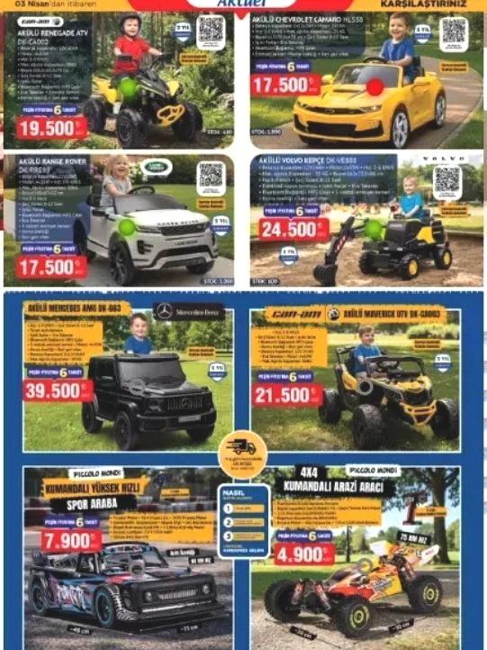 Akülü Chevrolet Camaro: 17.500 TL

Kumandalı Yüksek Hızlı Spor Araba: 7.900 TL

4x4 Kumandalı Arazi Aracı: 4.900 TL