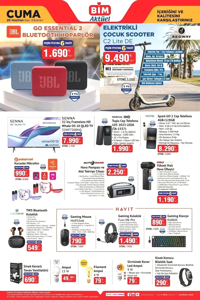 YARIN RAFLARDA SATIŞTA BİM 26 HAZİRAN YENİ AKTÜEL KATALOĞU | BİM 26 Haziran Cuma aktüel kataloğunda hangi ürünler satışa sunulacak Tuşlu Cep Telefonu, Karaoke Mikrofon, Yüksek Hızlı Hava Üfleyici, Gaming Kulaklık, Tam Otomatik Espresso Makinesi...