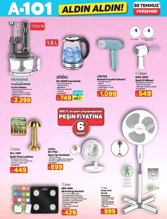 SATIŞTA A101 AKTÜEL KATALOG 30 TEMMUZ 2026 || A101 Aldın Aldın Perşembe afişi yeni neler var A101de bu hafta ankastre set, buharlı kırışıklık giderici, katlanabilir elektrikli scooter, elektrikli moped satışa çıkıyor