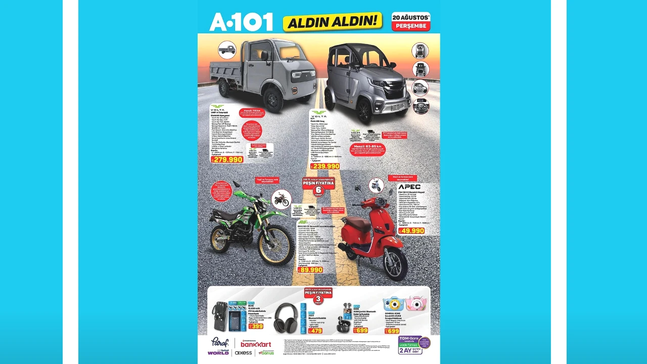 A101’de satışa sunulacağı belirtilen ürünler arasında elektrikli araçlar da bulunuyor. Listede Volta VMP14 tekerlekli elektrikli kamyonet 279 bin 990 TL fiyatla yer alırken, Volta EV1 elektrikli araç ise 239 bin 990 TL fiyatla satışa sunuluyor.
Volta VMP14 tekerlekli elektrikli kamyonetin teknik özellikleri arasında 51 km/s azami hız, 4 kW güç ve LFP batarya bulunuyor. Araçta geri görüş kamerası, LED farlar ve dört tekerlekte hidrolik disk fren sistemi yer alıyor.