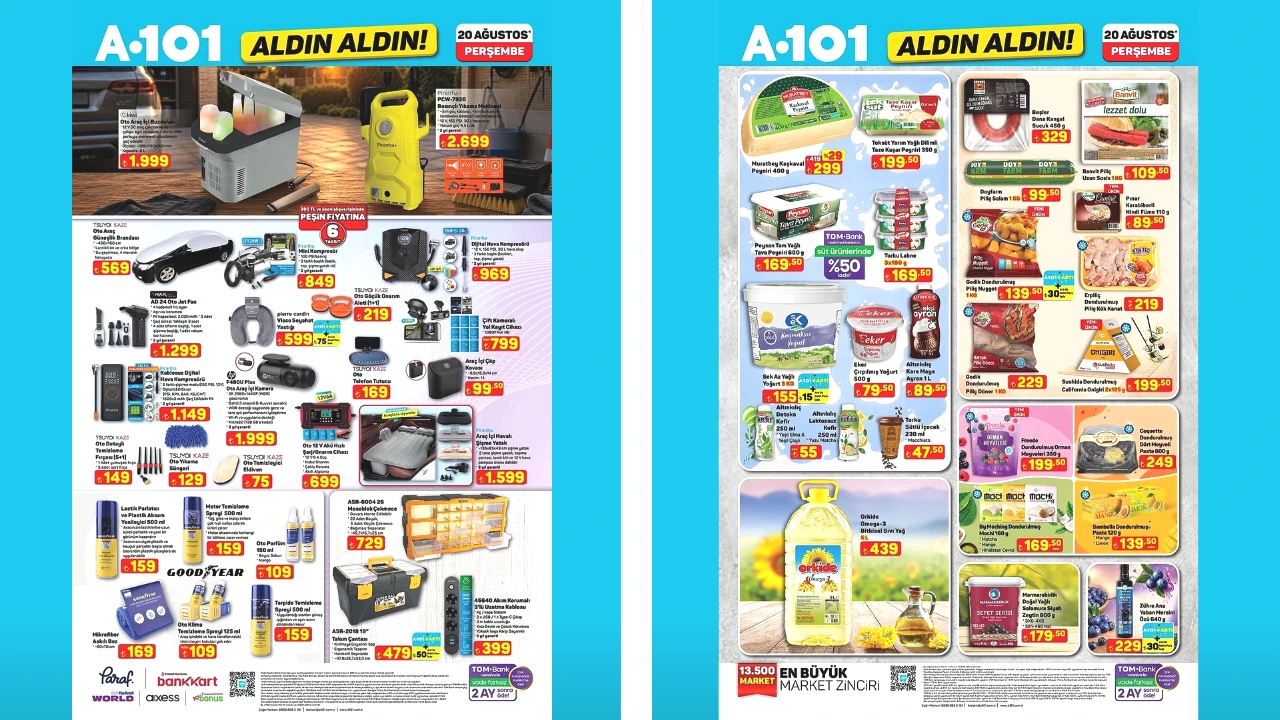 GIDA ÜRÜNLERİ DE LİSTEDE YER ALIYOR
A101’in ürünleri arasında çeşitli gıda ve içecek seçenekleri de bulunuyor. Orkide Omega-3 bitkisel sıvı yağ 5 litre 439 TL, Peysan tam yağlı tava peyniri 600 gram ise 169,50 TL fiyatla listeleniyor.
İçecek grubunda Lipton buzlu çay 1 litre 45 TL, Akmina maden suyu 1 litre ise 39,50 TL fiyatla yer alıyor.